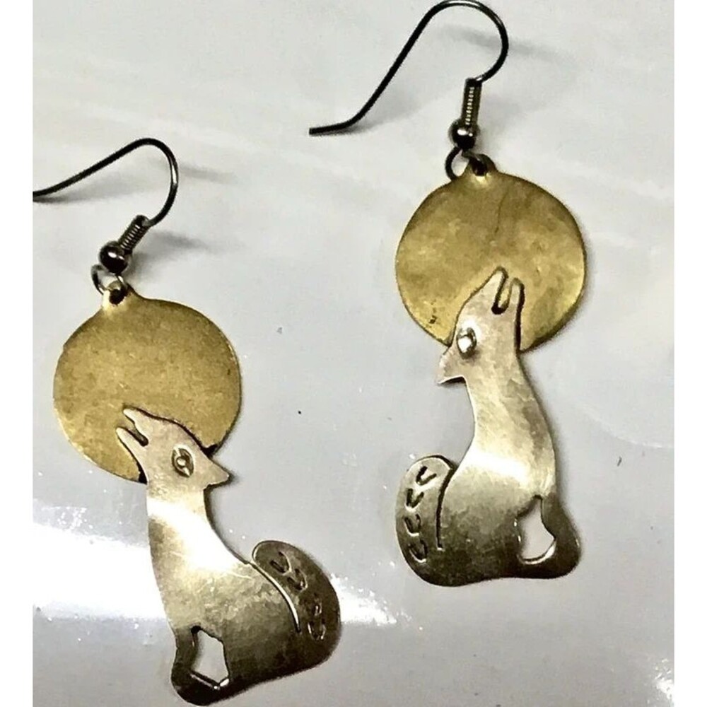 Vintage Southwestern Howling Wolf Moon Earrings Mixed Metal Boho Whimsigoth